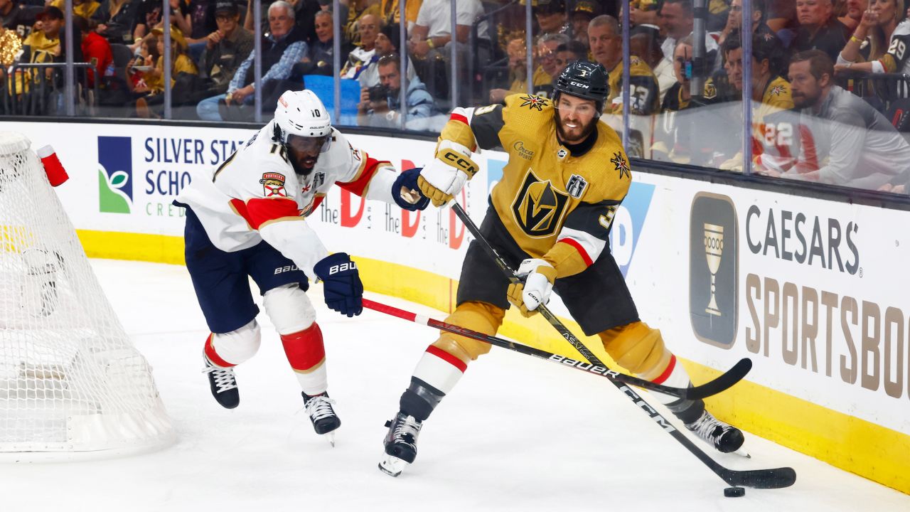 Brayden McNabb #3 of the Vegas Golden Knights looks to clear the puck.