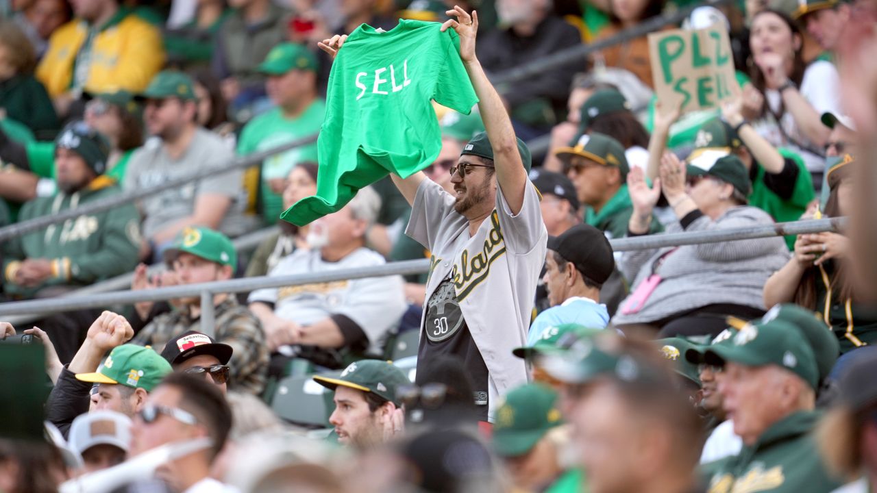 OAKLAND, CALIFORNIA - JUNE 13: Oakland Athletics fans display signs during a reverse boycott game against the Tampa Bay Rays at RingCentral Coliseum on June 13, 2023 in Oakland, California. (Photo by Brandon Vallance/Getty Images)