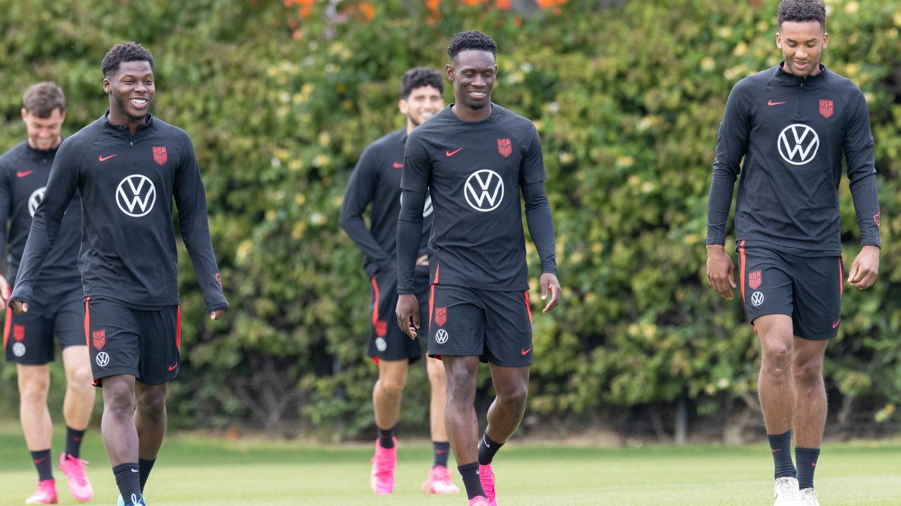 CARSON, CA - JUNE 8: Yunus Musah, Folarin Balogun, Auston Trusty of the United States  during USMNT Training at Dignity Health Sports Park on June 8, 2023 in Carson, California. (Photo by John Dorton/USSF/Getty Images for USSF).