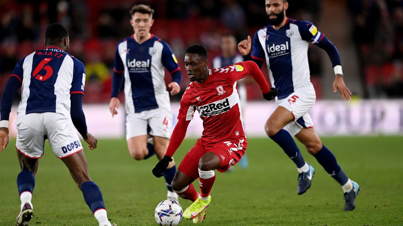 MIDDLESBROUGH, ENGLAND - FEBRUARY 22: Folarin Balogun of Middlesbrough challenged by Semi Ajayi of West Bromwich Albion during the Sky Bet Championship match between Middlesbrough and West Bromwich Albion at Riverside Stadium on February 22, 2022 in Middlesbrough, England. (Photo by Stu Forster/Getty Images)