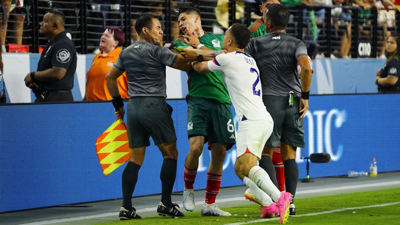 Jun 15, 2023; Las Vegas, Nevada, USA; USA defender Sergino Dest shoves Mexico defender Gerardo Arteaga (6) during the second half at Allegiant Stadium. Mandatory Credit: Lucas Peltier-USA TODAY Sports