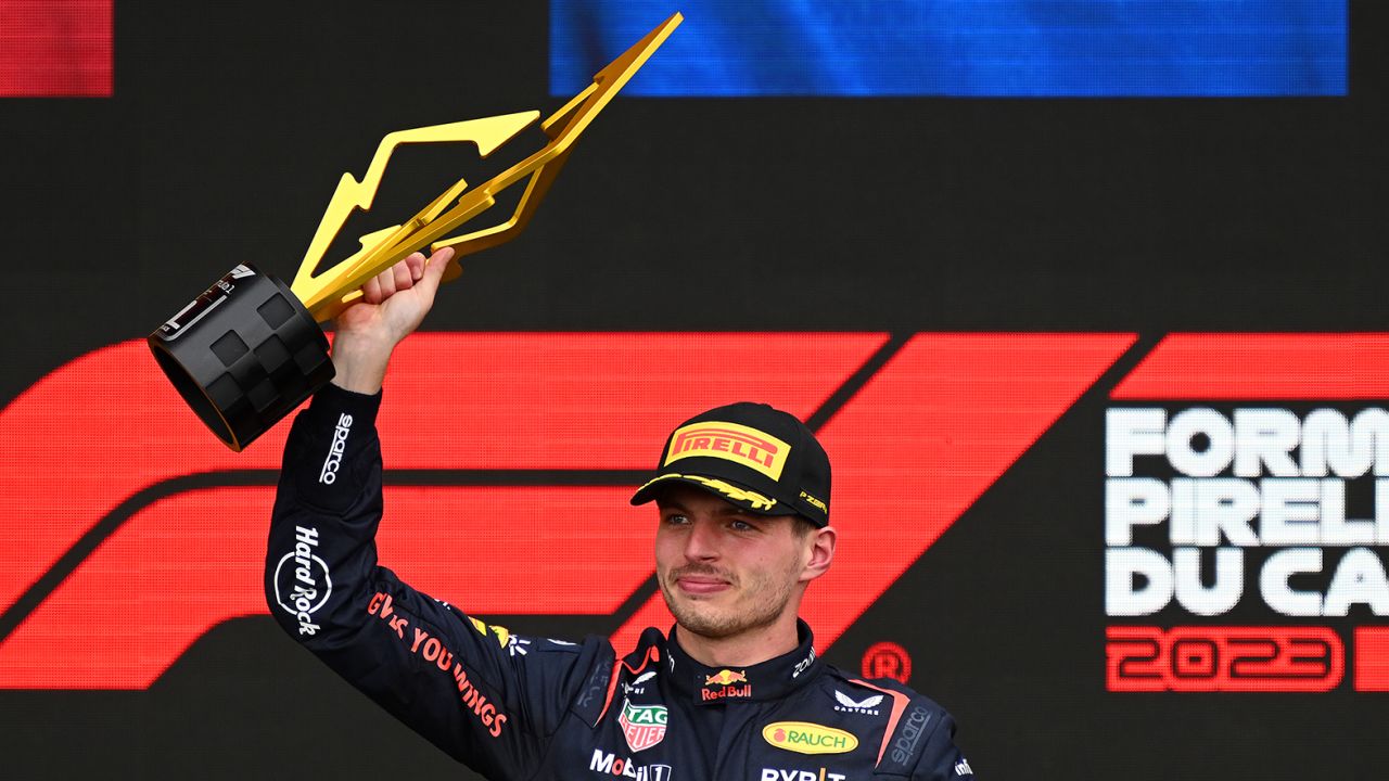 Race winner Max Verstappen of the Netherlands and Oracle Red Bull Racing celebrates on the podium during the F1 Grand Prix of Canada at Circuit Gilles Villeneuve on June 18, 2023 in Montreal, Quebec.