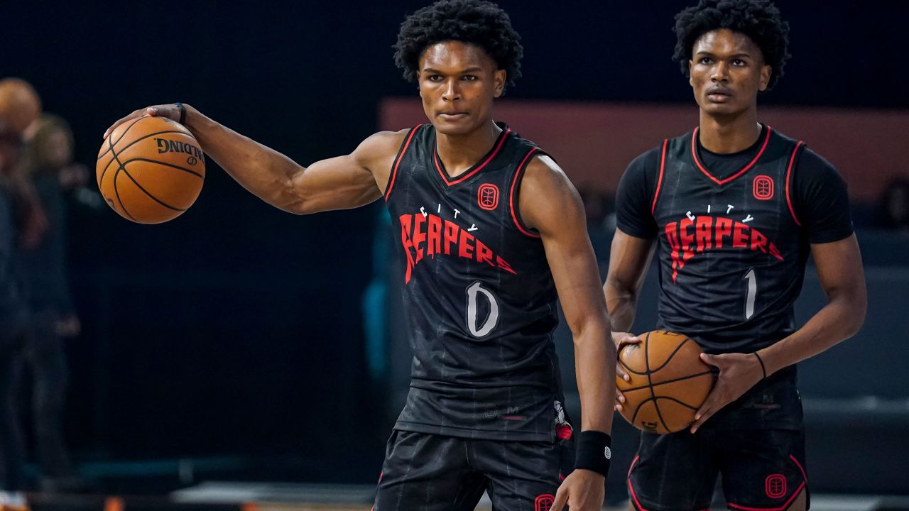 Dec 9, 2022; Atlanta, GA, USA; City Reapers guards Ausar Thompson (0) and Amen Thompson (1) shown during the game against the Cold Hearts at Overtime Elite.