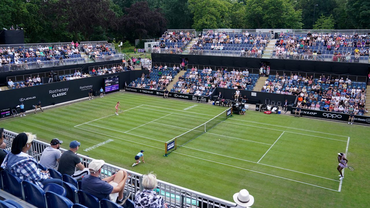 A general view of play as Venus Williams and Camila Giorgi can be seen during the Women's Singles Qualifying match on day one of the Rothesay Classic Birmingham at Edgbaston Priory Club. Picture date: Monday June 19, 2023. (Photo by Jacob King/PA Images via Getty Images)