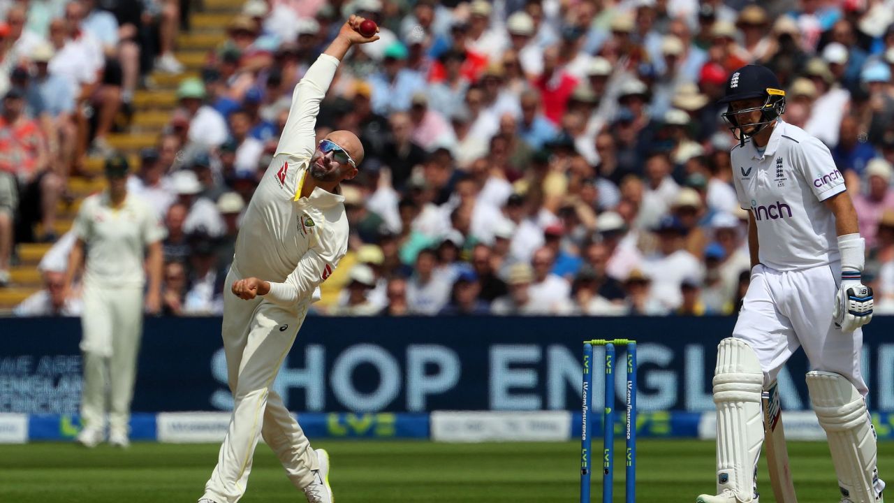 Australia's Nathan Lyon (L) bowls on day four of the first Ashes cricket Test match between England and Australia at Edgbaston in Birmingham, central England on June 19, 2023. (Photo by Geoff Caddick / AFP) / RESTRICTED TO EDITORIAL USE. NO ASSOCIATION WITH DIRECT COMPETITOR OF SPONSOR, PARTNER, OR SUPPLIER OF THE ECB (Photo by GEOFF CADDICK/AFP via Getty Images)