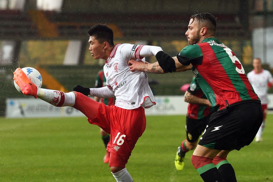 North Korean soccer player Kwang Song Han (left) moved to Europe to pursue a professional career in 2015. He first played for Perugia in Italy and is here seen controlling the ball in a Serie A match against  Ternana in November 2017.