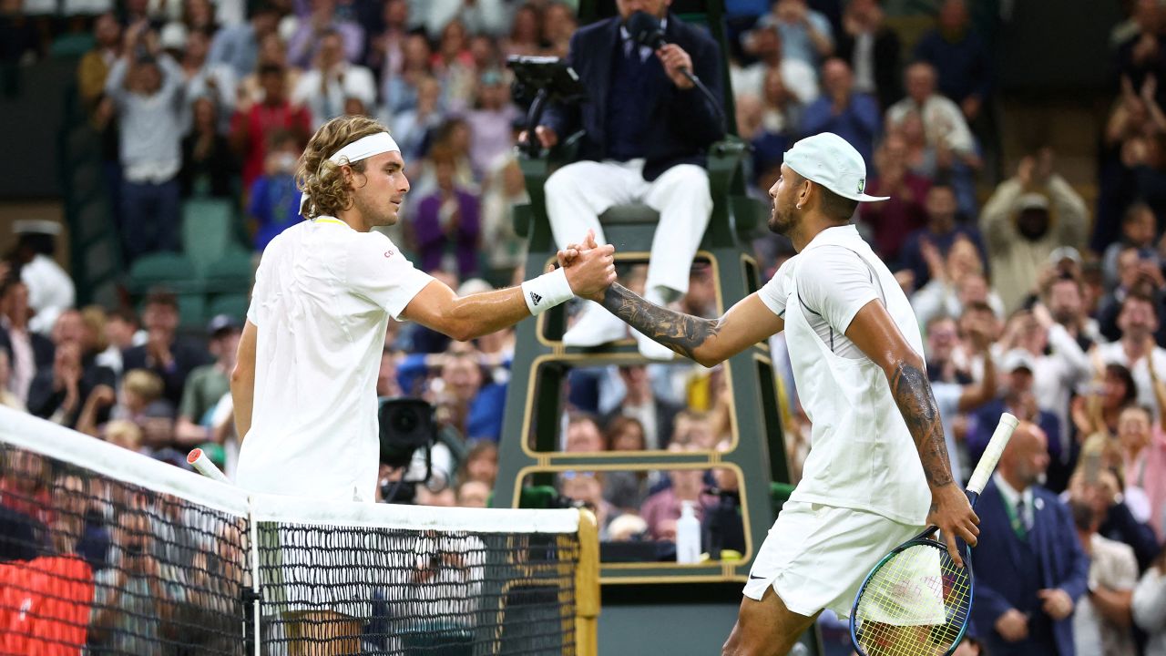 FILE PHOTO: Tennis - Wimbledon - All England Lawn Tennis and Croquet Club, London, Britain - July 2, 2022
Australia's Nick Kyrgios with Greece's Stefanos Tsitsipas after winning their third round match REUTERS/Hannah Mckay/File Photo