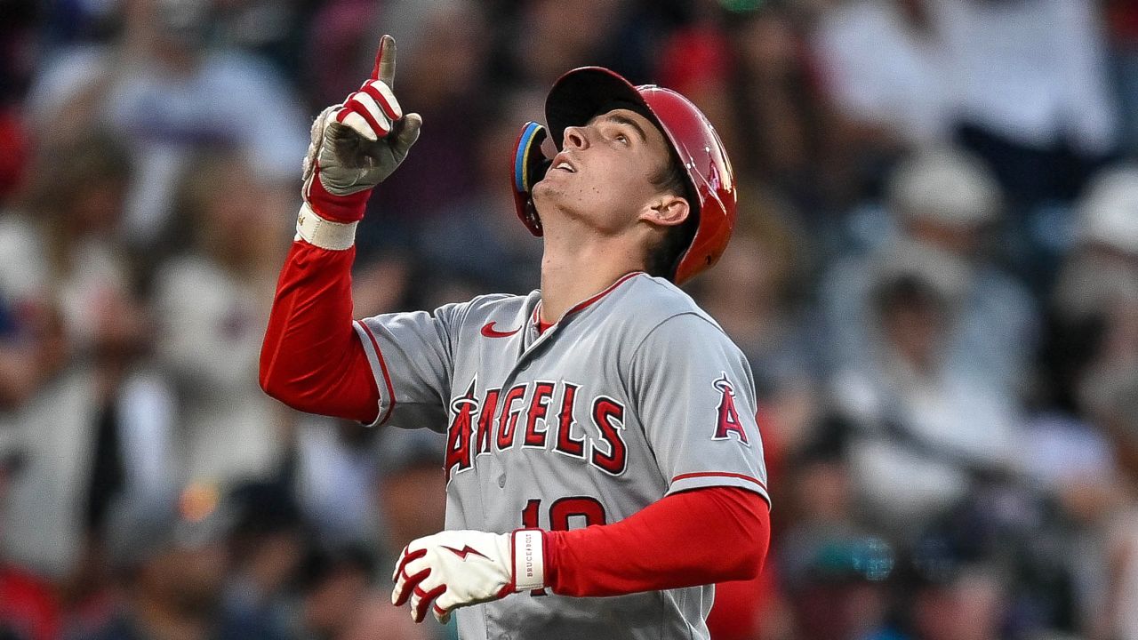 Mickey Moniak #16 of the Los Angeles Angels celebrates as he rounds the bases after hitting a third inning 2-run homerun in a game against the Colorado Rockies at Coors Field on June 24, 2023 in Denver, Colorado.