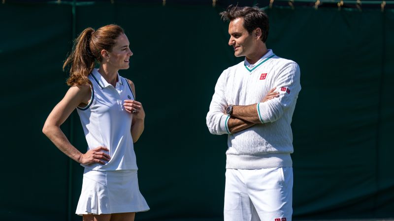 Princess of Wales wins point against Roger Federer while playing tennis at Wimbledon