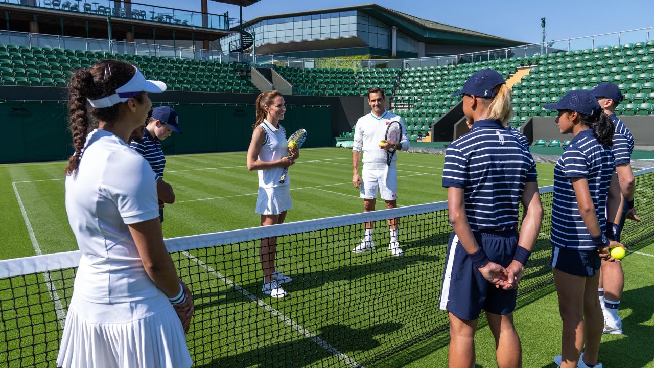 In this handout images released by Kensington Palace on June 24, 2023, Catherine, Princess of Wales and Wimbledon Champion Roger Federer playing tennis on No.3 Court at The All England Lawn Tennis Club, Wimbledon, on June 8, 2023 in London, England.