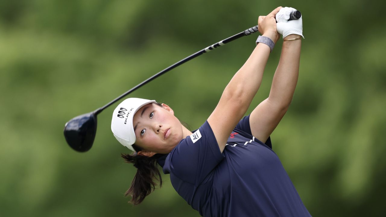 SPRINGFIELD, NEW JERSEY - JUNE 25: Ruoning Yin of China hits a tee shot on the third hole during the final round of the KPMG Women's PGA Championship at Baltusrol Golf Club on June 25, 2023 in Springfield, New Jersey. (Photo by Christian Petersen/Getty Images)