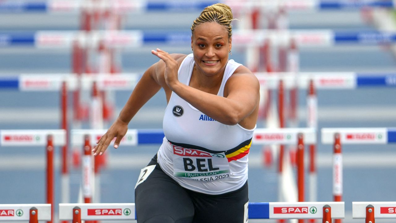 Jolien Boumkwo pictured after the 100 meter hurdles race at the European Athletics Team Championships, in Chorchow, Silesia, Poland, Saturday 24 June 2023. Team Belgium is competing in the first division from 23 to 25 June. BELGA PHOTO ERIK VAN LEEUWEN (Photo by ERIK VAN LEEUWEN / BELGA MAG / Belga via AFP) (Photo by ERIK VAN LEEUWEN/BELGA MAG/AFP via Getty Images)