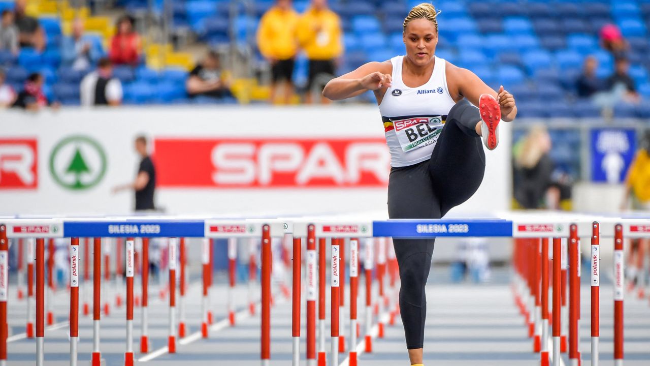 Belgian Jolien Boumkwo pictured in action during the women's 100m hurdles race, at the European Athletics Team Championships, in Chorchow, Silesia, Poland, Saturday 24 June 2023. Team Belgium is competing in the first division from 23 to 25 June. BELGA PHOTO THOMAS WINDESTAM (Photo by THOMAS WINDESTAM / BELGA MAG / Belga via AFP) (Photo by THOMAS WINDESTAM/BELGA MAG/AFP via Getty Images)