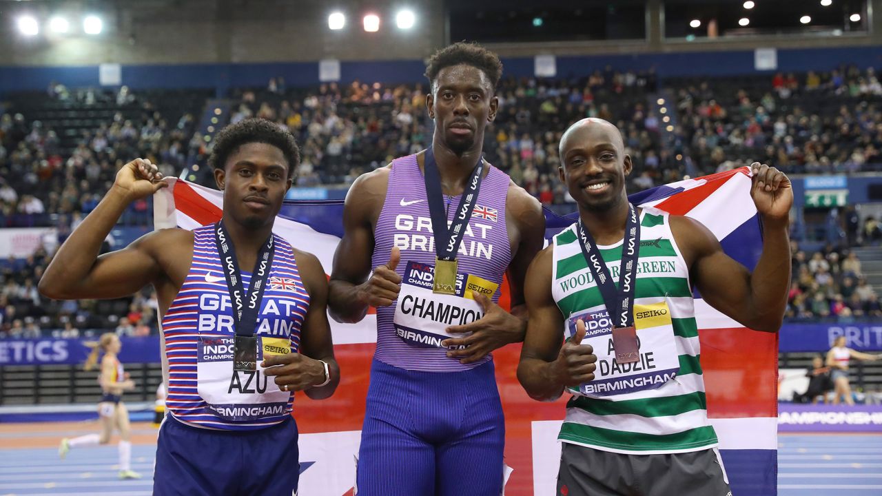 BIRMINGHAM, ENGLAND - FEBRUARY 18: (L to R) Jeremiah Azu, second place finisher, first place finisher Reece Prescod and third place finisher Eugene Amo-Dadzie of Team Great Britain pose for a photo and celebrate after the Men's 60m final during day one of the UK Athletics Indoor Championships at Utilita Arena Birmingham on February 18, 2023 in Birmingham, England. (Photo by Alex Livesey - British Athletics/British Athletics via Getty Images)