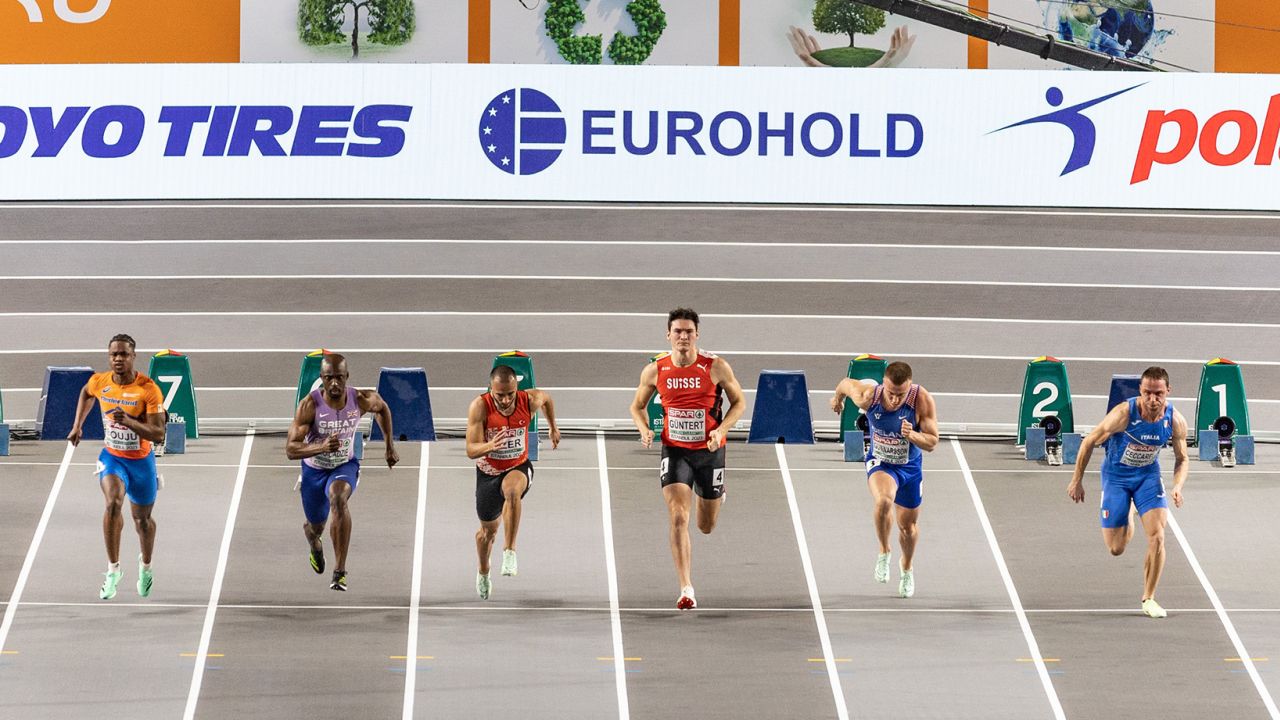 ISTANBUL, TURKEY - MARCH 4: ( Left to Right ) Raphael Bouju of Netherlands, Eugene Amo-Dadzie of Great Britain, Kayhan Ozer of Türkiye, Enrico Güntert of Switzerland, Kolbeinn Höður Gunnarsson of Iceland and Samuele Ceccarelli  of Italy compete in the mens 60m Heats during the European Athletics Indoor Championships at the Ataköy Athletics Arena on March 4, 2023 in Istanbul, Turkey. (Photo by Sam Mellish/Getty Images)