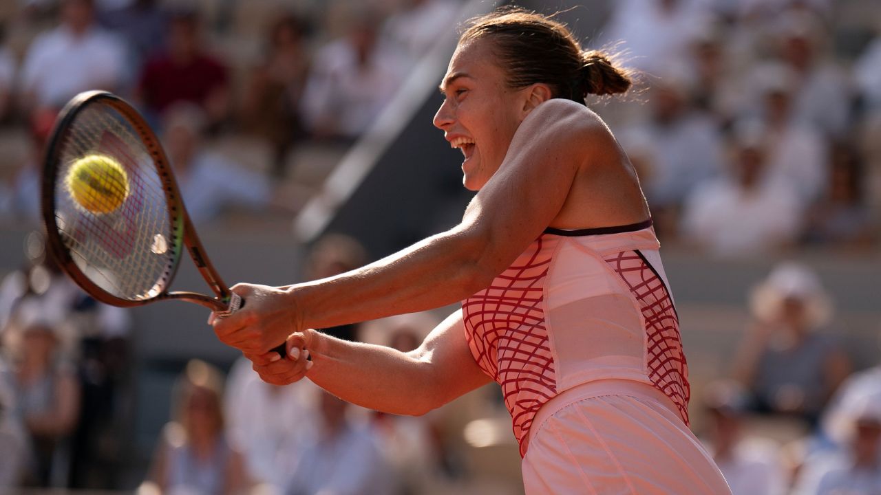 Jun 8 2023; Paris,France; Aryna Sabalenka returns a shot during her semi final match agains Karolina Muchova (CZE) on day 12 at Stade Roland-Garros.