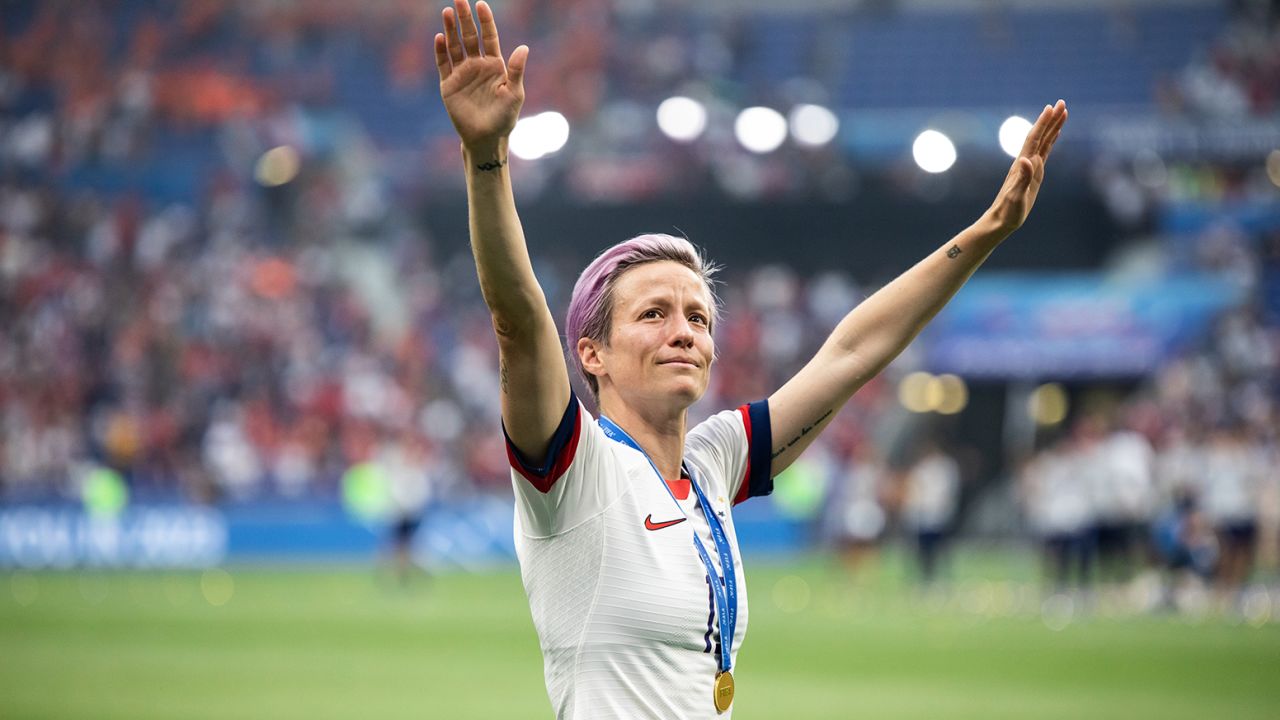 Megan Rapinoe of the USA women's national team celebrating won the 2019 FIFA Women's World Cup Final match between The United States of America and The Netherlands at Stade de Lyon on July 7, 2019.