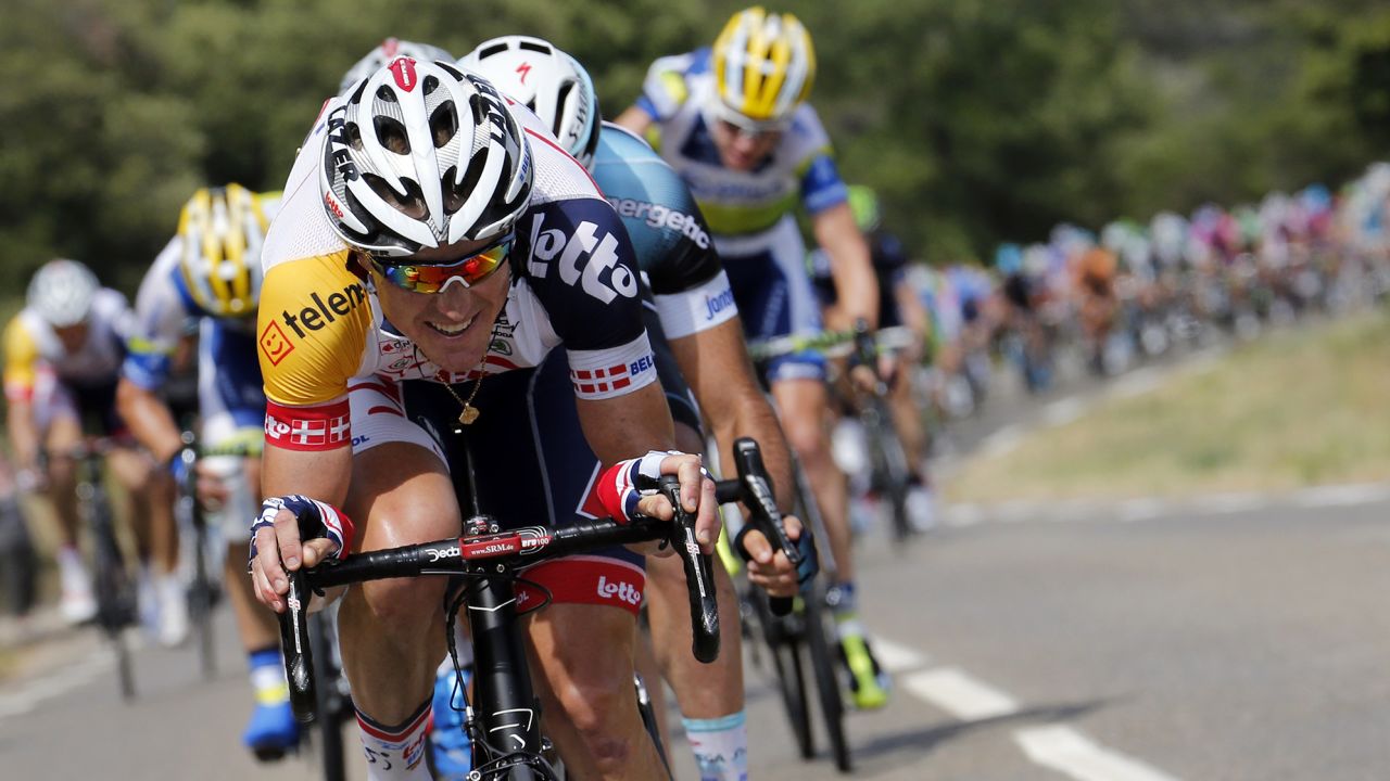 Australia's Adam Hansen leads the pack during the 228.5 km fifth stage of the 100th edition of the Tour de France cycling race on July 3, 2013 between Cagnes-sur-Mer and Marseille, southern France.  AFP PHOTO / JOEL SAGET        (Photo credit should read JOEL SAGET/AFP via Getty Images)