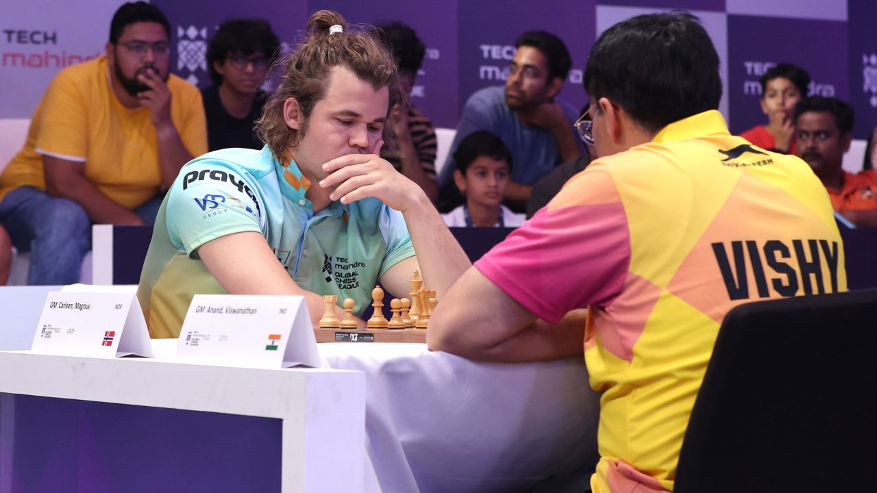 Mandatory Credit: Photo by ALI HAIDER/EPA-EFE/Shutterstock (13981415z)
Norwegian Magnus Carlsen (L) of SG Alpine Warriors plays against Indian Anand Viswanathan of Ganges Grandmasters during their match at the Global Chess League event in Dubai, United Arab Emirates, 23 June 2023.
The Global Chess League in Dubai, United Arab Emirates - 23 Jun 2023