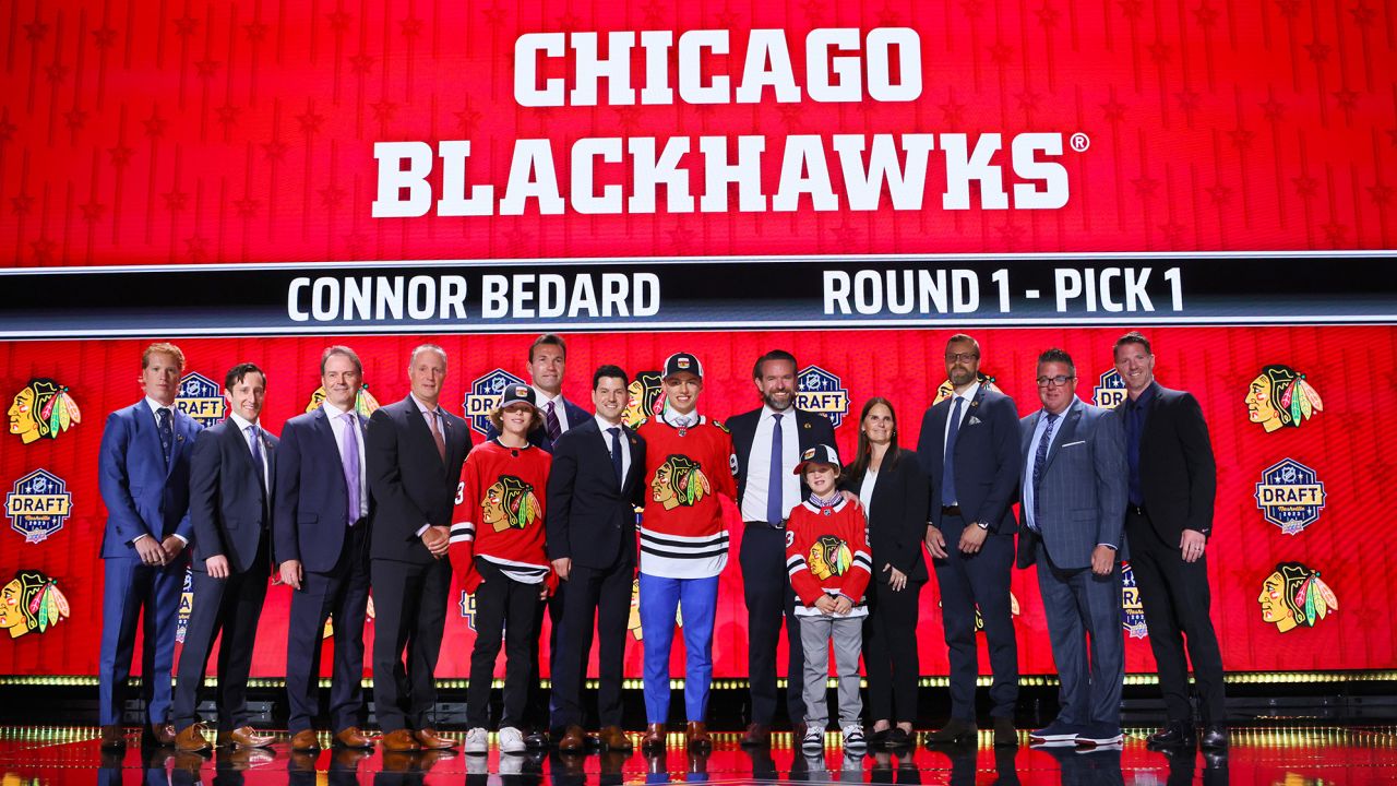 NASHVILLE, TENNESSEE - JUNE 28: Connor Bedard is selected by the Chicago Blackhawks with the first overall pick during round one of the 2023 Upper Deck NHL Draft at Bridgestone Arena on June 28, 2023 in Nashville, Tennessee. (Photo by Bruce Bennett/Getty Images)