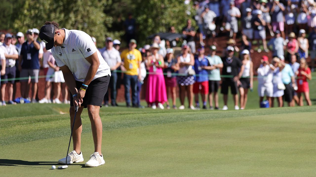 LAS VEGAS, NEVADA - JUNE 01: Patrick Mahomes putts during Capital One's The Match VI - Brady & Rodgers v Allen & Mahomes at Wynn Golf Club on June 01, 2022 in Las Vegas, Nevada. (Photo by Carmen Mandato/Getty Images for The Match)