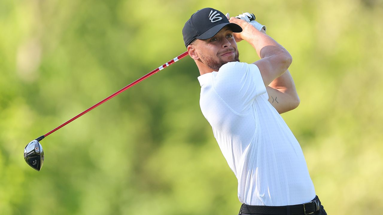 DUBLIN, OHIO - MAY 31: Stephen Curry of the Golden State Warriors plays his shot from the fifth tee during the Golden Bear Pro-Am prior to the Memorial Tournament presented by Workday at Muirfield Village Golf Club on May 31, 2023 in Dublin, Ohio. (Photo by Michael Reaves/Getty Images)