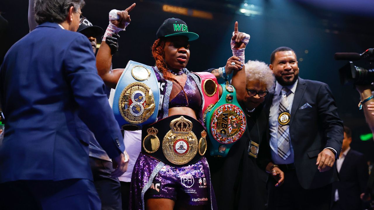 NEW YORK, NY - APRIL 30:   Franchon Crews-Dezurn of Baltimore Maryland with her belts after defeating  Elin Cederroos of Vasteraas Sweden for the Undisputed World Super-Middleweight Championship on April 30, 2022 at Madison Square Garden In New York, New York. (Photo by Rich Graessle/Icon Sportswire via Getty Images)    (Photo by Rich Graessle/Icon Sportswire via Getty Images)