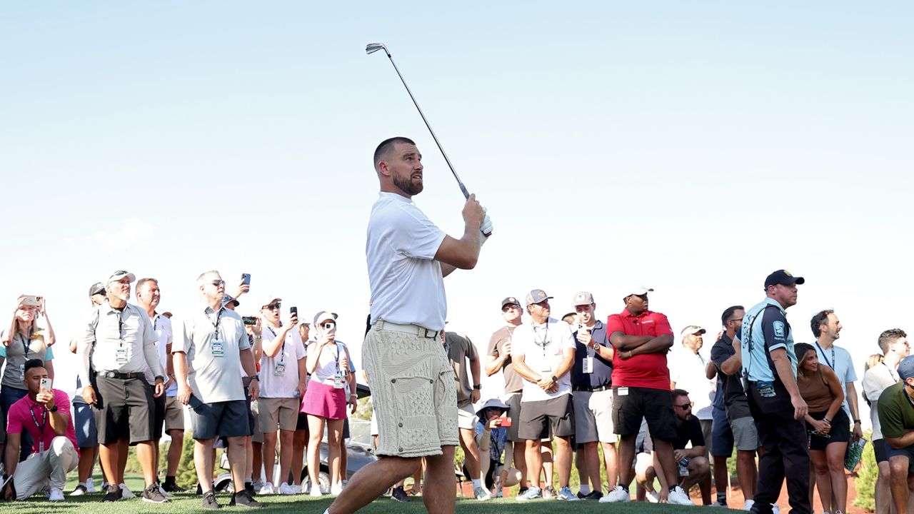 Travis Kelce plays a shot during Capital One's The Match VIII - Curry & Thompson vs. Mahomes & Kelce at Wynn Golf Club on June 29, 2023 in Las Vegas, Nevada.