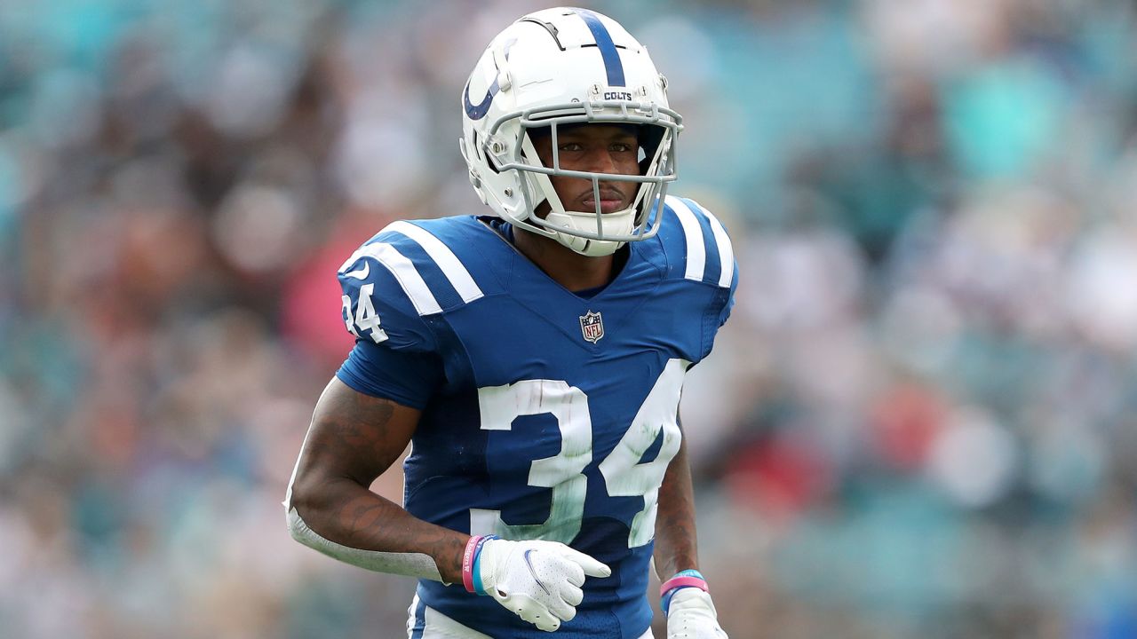 JACKSONVILLE, FLORIDA - SEPTEMBER 18: Isaiah Rodgers #34 of the Indianapolis Colts in action during the first half against the Jacksonville Jaguars at TIAA Bank Field on September 18, 2022 in Jacksonville, Florida. (Photo by Courtney Culbreath/Getty Images)