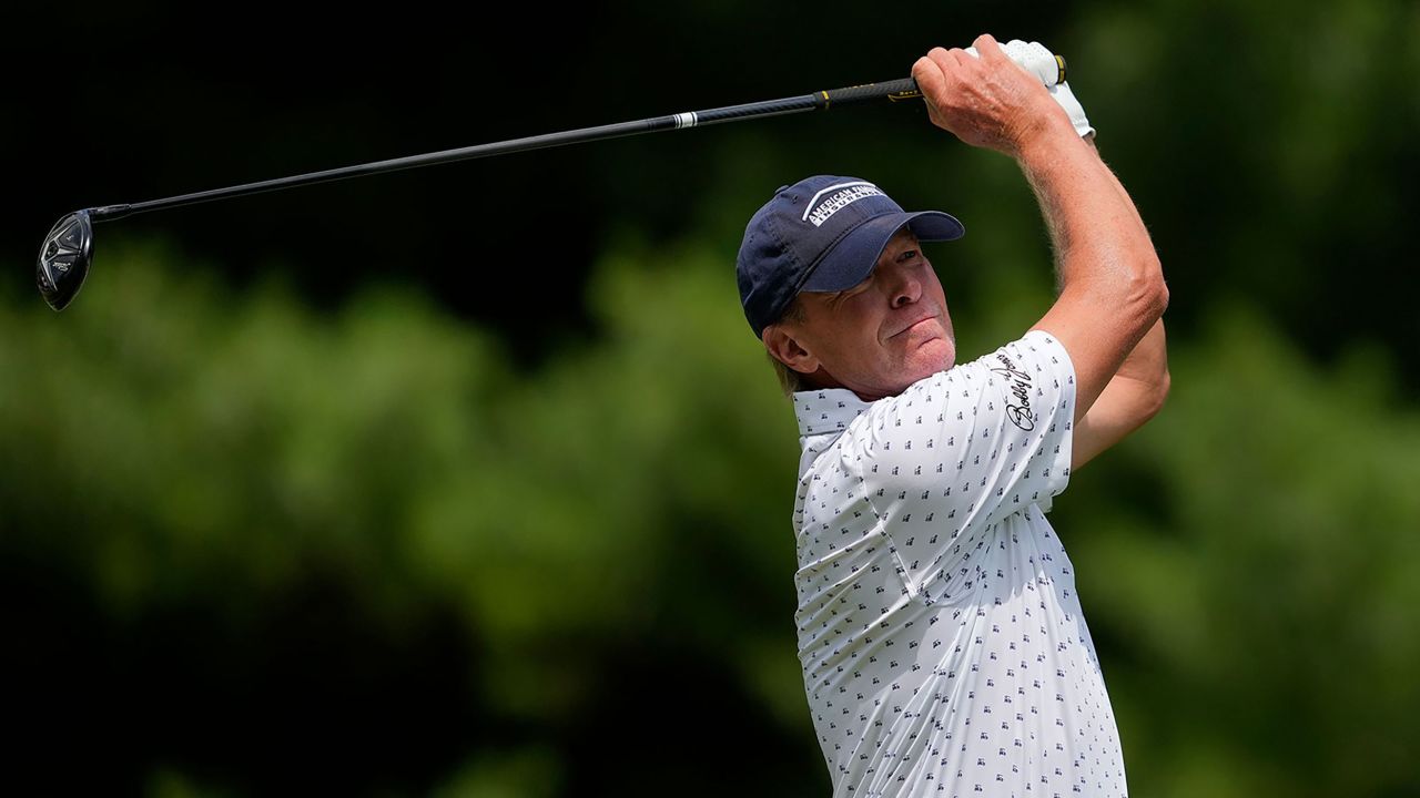 STEVENS POINT, WISCONSIN - JULY 02: Steve Stricker of the United States plays his shot from the second tee during the final round of the U.S. Senior Open Championship at SentryWorld on July 02, 2023 in Stevens Point, Wisconsin.