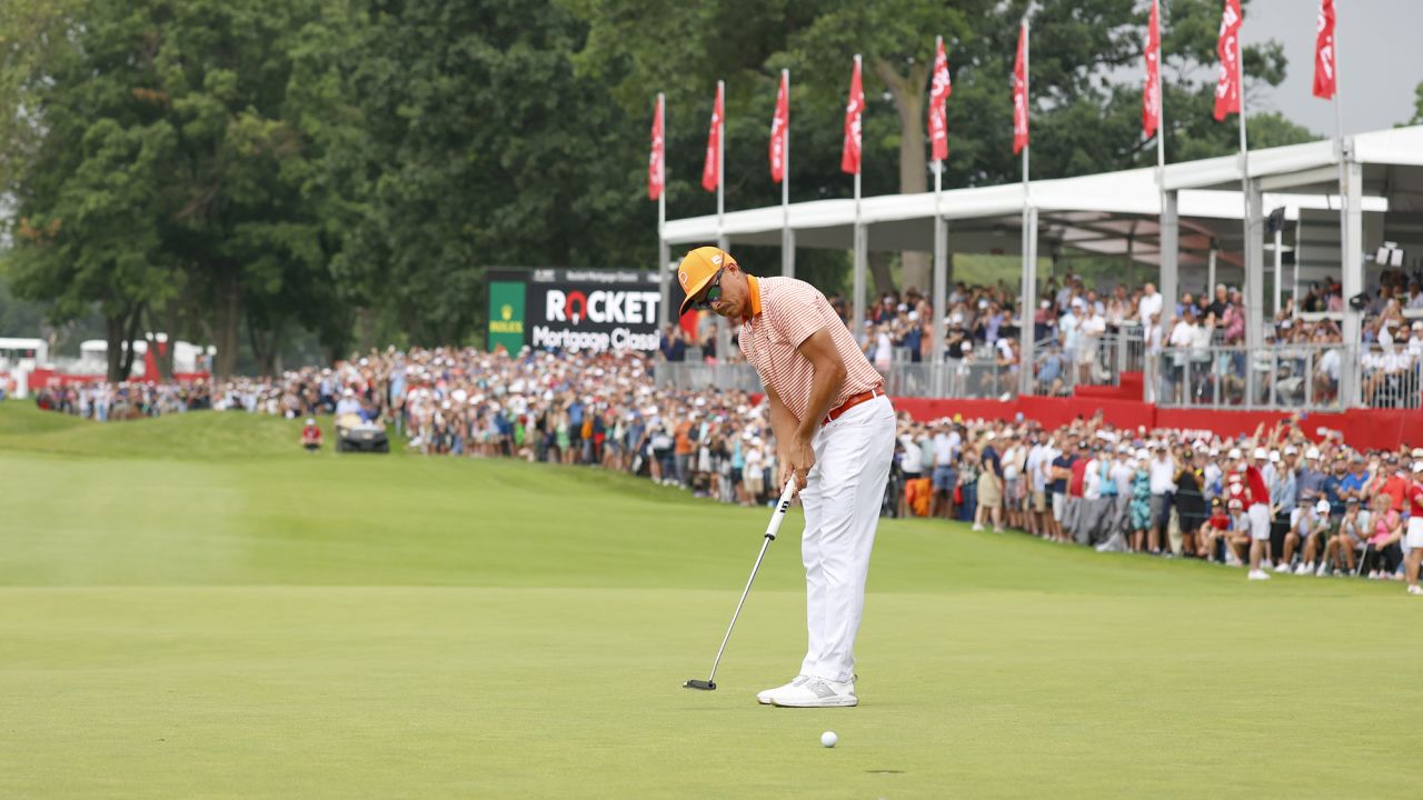 DETROIT, MI - JULY 02: PGA golfer Rickie Fowler makes the winning birdie putt on the 18th hole during a playoff on July 2, 2023, during the final round to win the Rocket Mortgage Classic at the Detroit Golf Club in Detroit, Michigan. (Photo by Brian Spurlock/Icon Sportswire) (Icon Sportswire via AP Images)