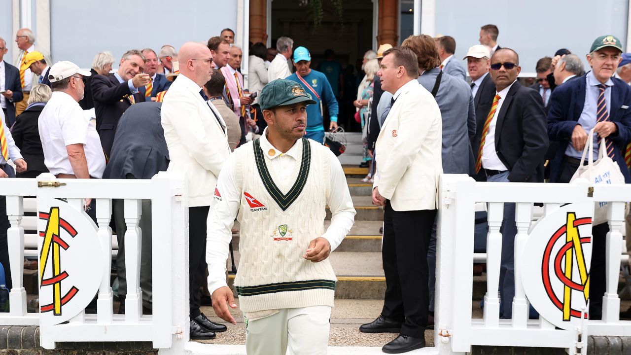 LONDON, ENGLAND - JULY 02: Usman Khawaja of Australia walks through the MCC Members gate following Day Five of the LV= Insurance Ashes 2nd Test match between England and Australia at Lord's Cricket Ground on July 2, 2023 in London, England. (Photo by Ryan Pierse/Getty Images)