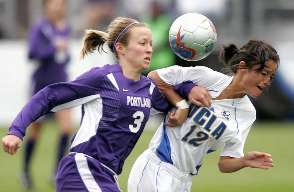 Rapinoe battles for the ball during the 2005 NCAA Championship in College Station, Texas. Rapinoe's Portland Pilots defeated UCLA to win the title.