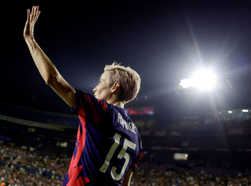 Rapinoe waves to fans after a CONCACAF match against Mexico in Monterrey, Mexico, in 2022.