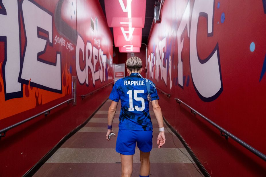 Rapinoe walks off the pitch after the United States defeated Brazil to win the SheBelieves Cup in Frisco, Texas, in February 2023.