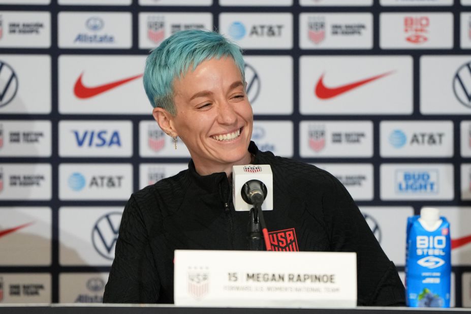 Rapinoe announces her retirement from professional soccer at a press conference in San Jose, California on July 8, 2023. She will retire at the end of the 2023 National Women's Soccer League season and will play in her fourth and final World Cup this summer in Australia and New Zealand.