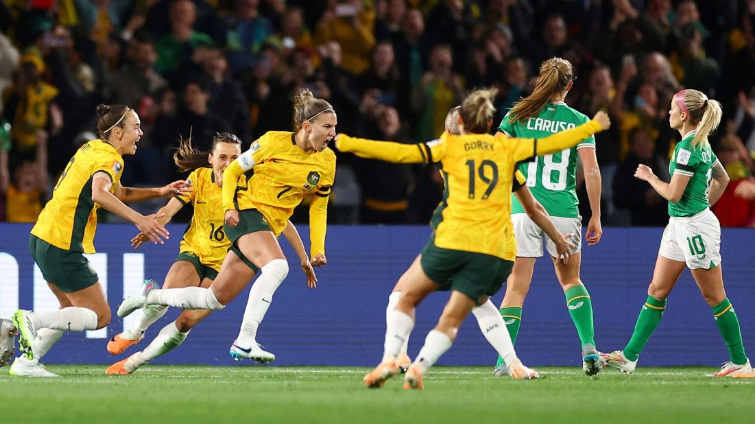 Australia's Steph Catley, third from left, celebrates scoring her team's only goal against Ireland on Thursday, June 20. Australia won 1-0 in Sydney.