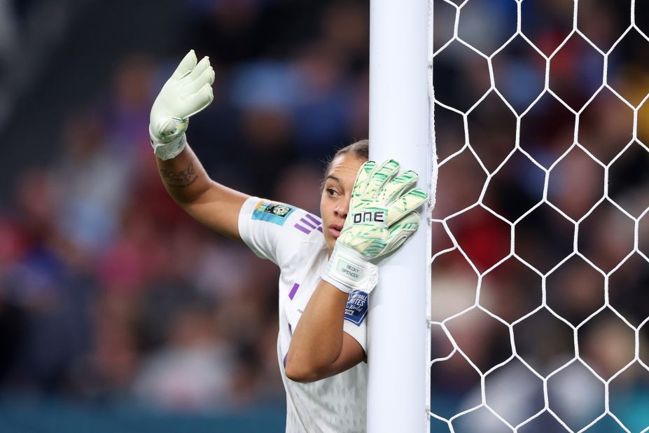 Jamaican goalkeeper Rebecca Spencer marshals her defense.