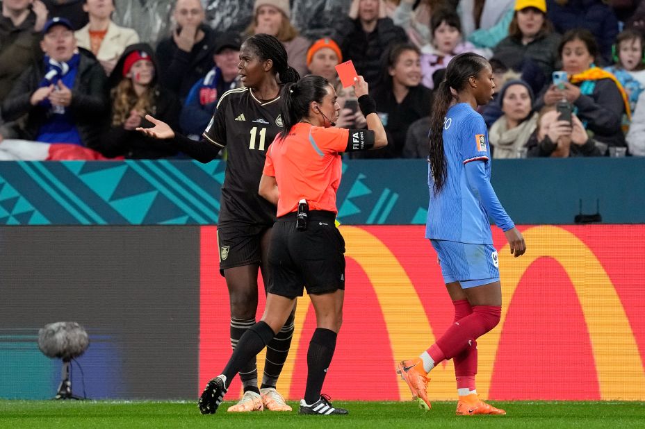 Jamaica's Khadija "Bunny" Shaw is sent off for a second bookable offense against France.