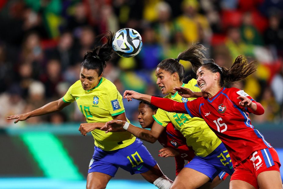 Brazil's Marta, left, heads the ball during a match against Panama on Monday, July 24. <a href="https://edition.cnn.com/2023/07/23/football/brazil-germany-panama-morocco-womens-world-cup-2023-spt-intl/index.html" target="_blank">Brazil won 4-0</a>.