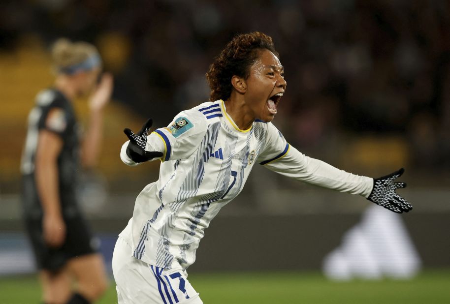 Philippines midfielder Sarina Bolden celebrates scoring during a Women's World Cup match against New Zealand on Tuesday, July 25. Bolden's first-half header <a href="https://edition.cnn.com/2023/07/24/football/new-zealand-switzerland-norway-womens-world-cup-2023-spt-intl/index.html" target="_blank">lifted her country to a 1-0 victory</a> — its first win ever at a Women's World Cup.