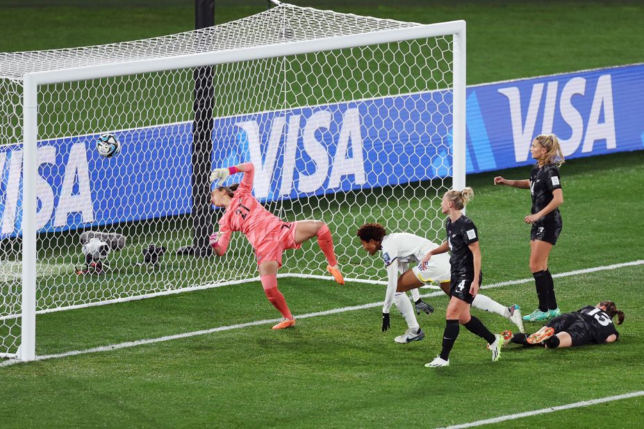 Sarina Bolden scores on New Zealand keeper Victoria Esson.