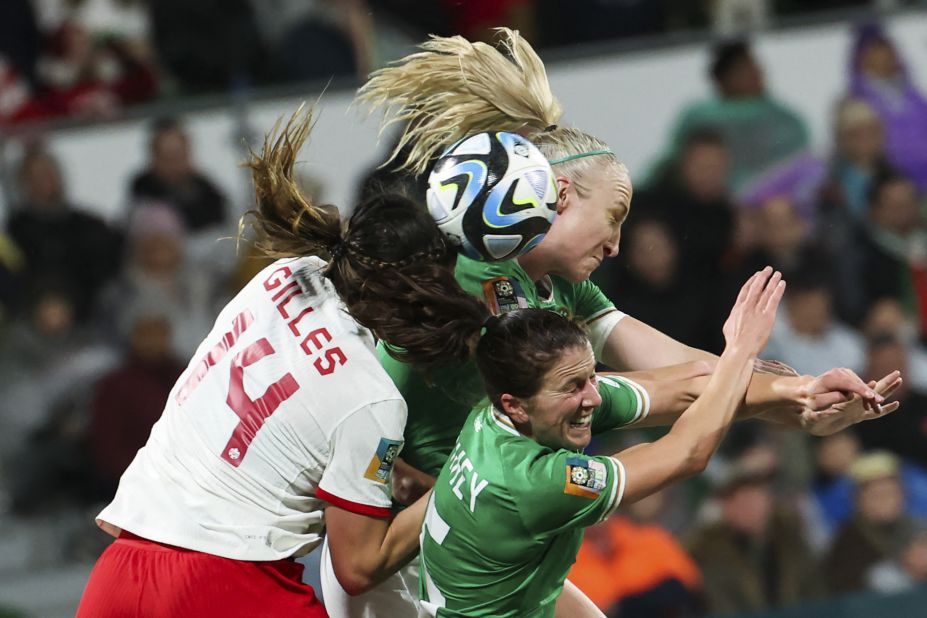 Canada's Vanessa Gilles competes for a header with Ireland's Niamh Fahey, bottom, and Louise Quinn during a Women's World Cup match on Wednesday, July 26. <a href="https://www.cnn.com/2023/07/25/football/canada-spain-japan-2023-womens-world-cup-spt-intl/index.html" target="_blank">Canada won 2-1</a>.