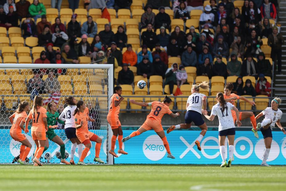 USA's Lindsey Horan heads home to score her team's first goal.