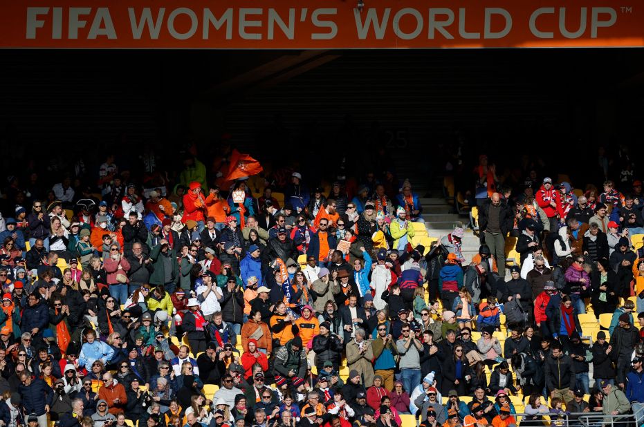 Fans in the stands during the match at Wellington Regional Stadium in New Zealand. More than 27,000 fans attended the game.