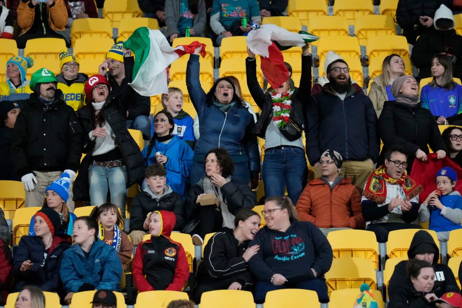 Italy's fans cheer before their team's match against Sweden at Wellington Regional Stadium, New Zealand.