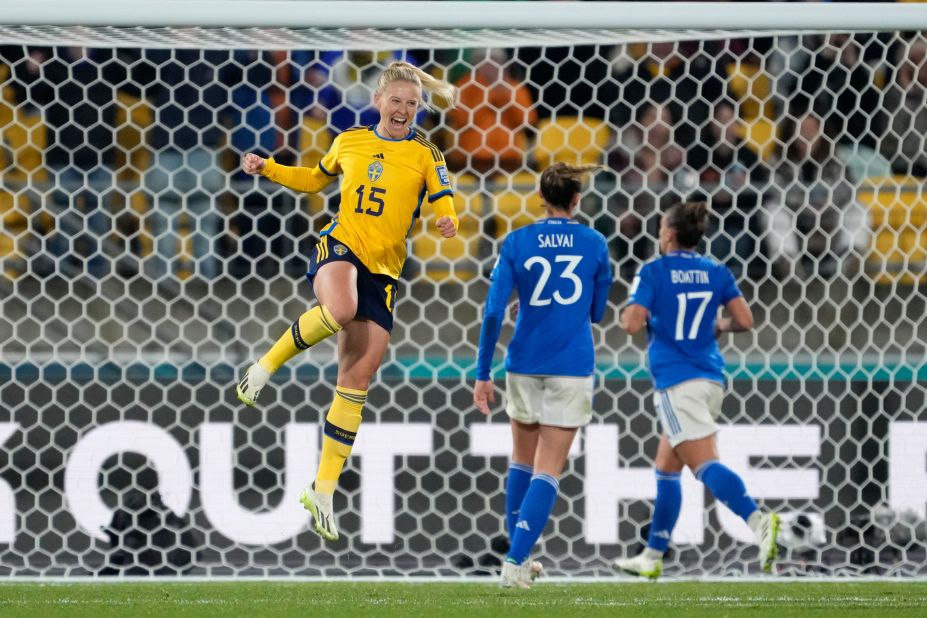 Sweden's Rebecka Blomqvist celebrates after scoring her side's fifth goal.