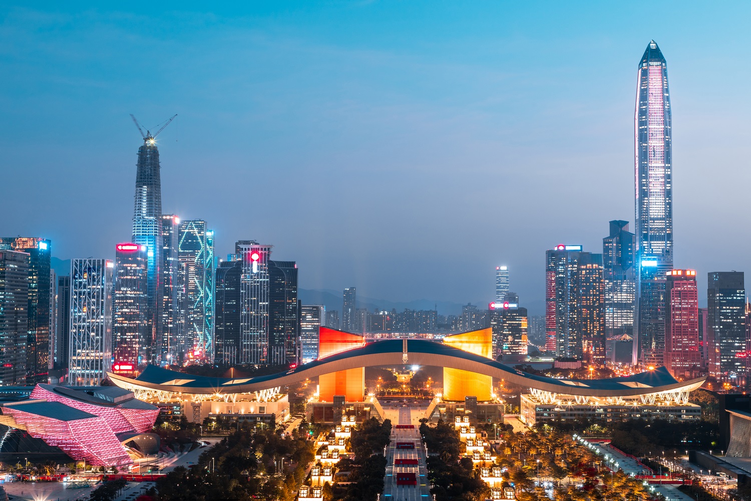 The sun sets over the city of Shenzhen, China.