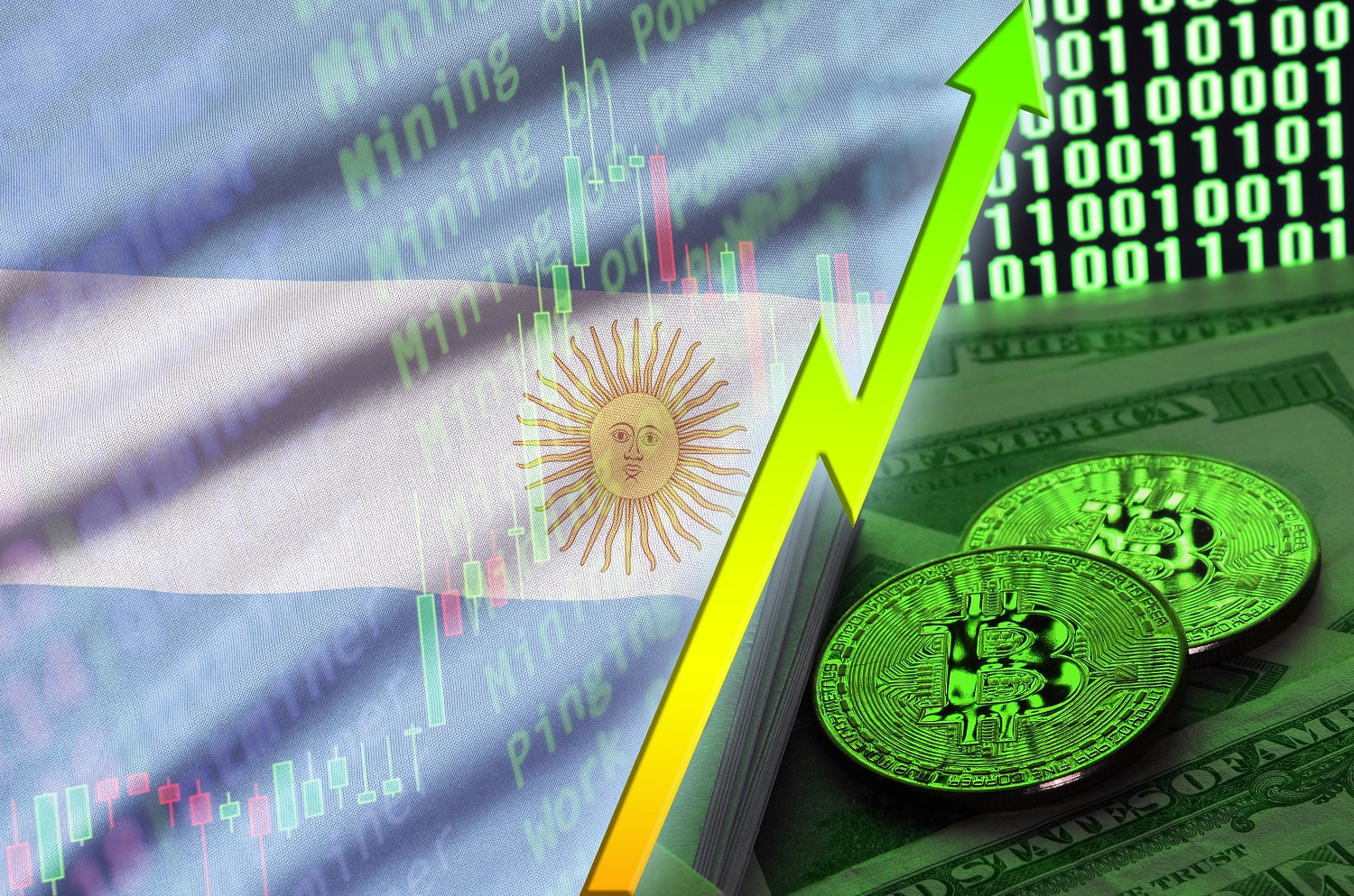 The Argentinian flag superimposed with text that reads “Mining,” as well as two tokens intended to represent Bitcoin on US dollar bills and a binary code display.