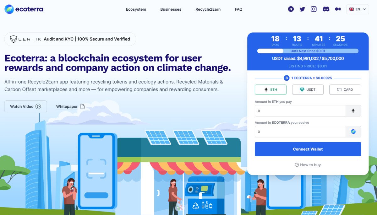 Ground-Breaking Recycle-to-Earn Web3 Platform Ecoterra’s Presale Surges Towards $5 Million as Project Readies Launch of App Demo